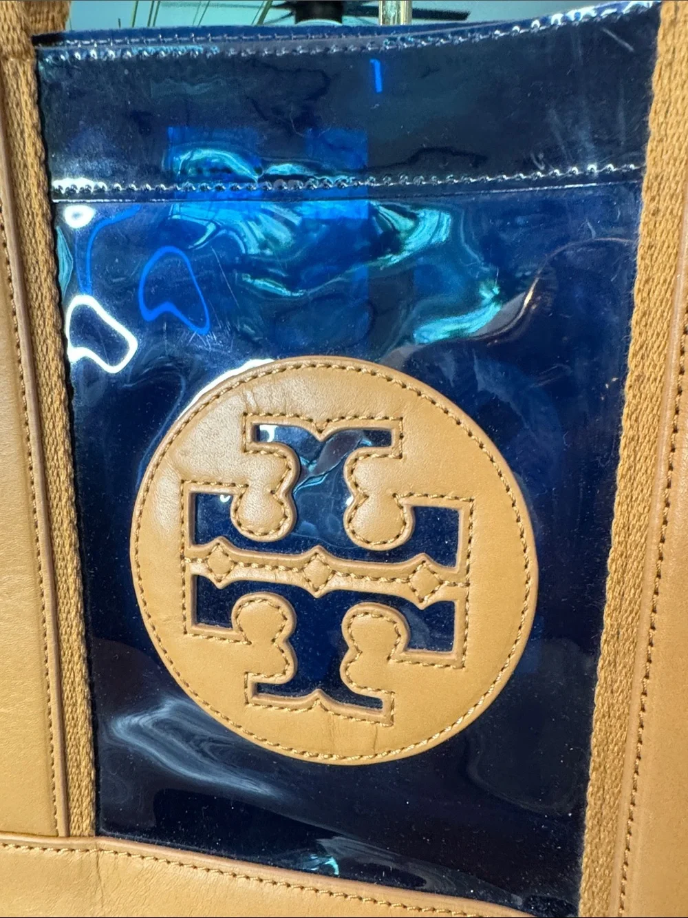 Tory Burch Navy PVC Tote with Tan Leather Trim